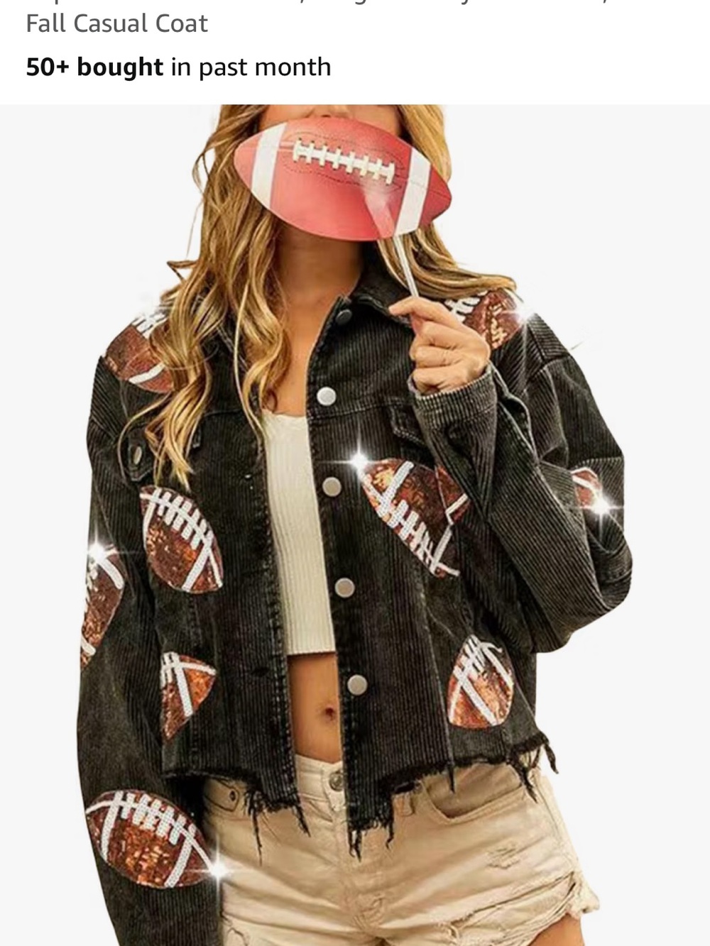Women’s Black Corduroy Football Print Cropped Jacket